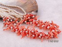 Five-strand 4mm White Freshwater Pearl and Coral Necklace