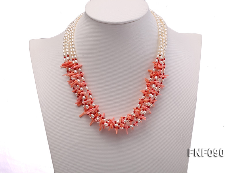 Five-strand 4mm White Freshwater Pearl and Coral Necklace