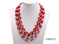 5 Strand White Freshwater Pearl and Red Coral Necklace