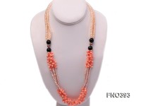 5mm natural pink and lavneder freshwater pearl with black agate and pink coral opera necklace