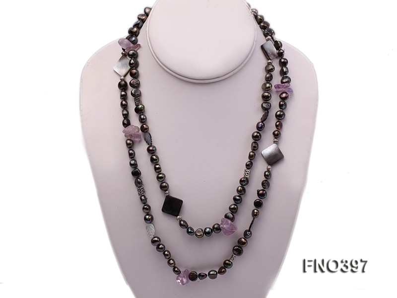 8-10mm brown flat freshwater pearl with black shell and amethyst opera necklace