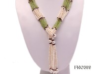 3-4mm natural white rice freshwater pearl with natural olivine and garnet opera necklace
