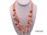 4mm natural white round freshwater pearl with pink coral opera necklace