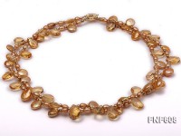 Two-strand 10x14mm Yellow Flat Fresh-water pearl, Drop-shaped Crystal and Gilded Beads Necklace