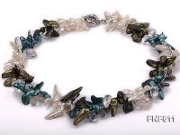 Two-strand 8x20mm White, Dark-blue and Dark-green Tooth-shaped Freshwater Pearl Necklace