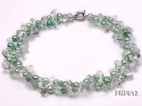 Two-strand 6x7mm Light Green Freshwater Pearl And 8x14mm White Crystal Necklace. 19inches