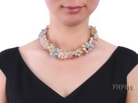 Three-strand 6-7mm Light-pink Freshwater Pearl and 6x14mm Multi-color Crystal Necklace