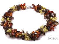Three-strand Flat Freshwater Pearl, Tooth-shaped Freshwater Pearl and Brown Quartz Beads Necklace