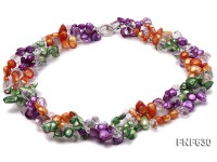 Three-strand 8x19mm Multi-color Freshwater Pearls and 8x13mm White Baroque Crystal Necklace