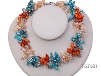 Two-strand 10x18m Pink, Blue and Orange Freshwater Pearl and Crystal Beads Necklace