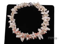 Three-strand 7x18mm Cultured Freshwater Pearl Necklace With pink Corals.