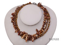 Three-strand 4-5mm Coffee Freshwater Pearl and 7x15mm Tooth-shaped Pearl Necklace