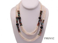 3 strand 5-7mm white oval freshwater pearl and roung agate opera necklace