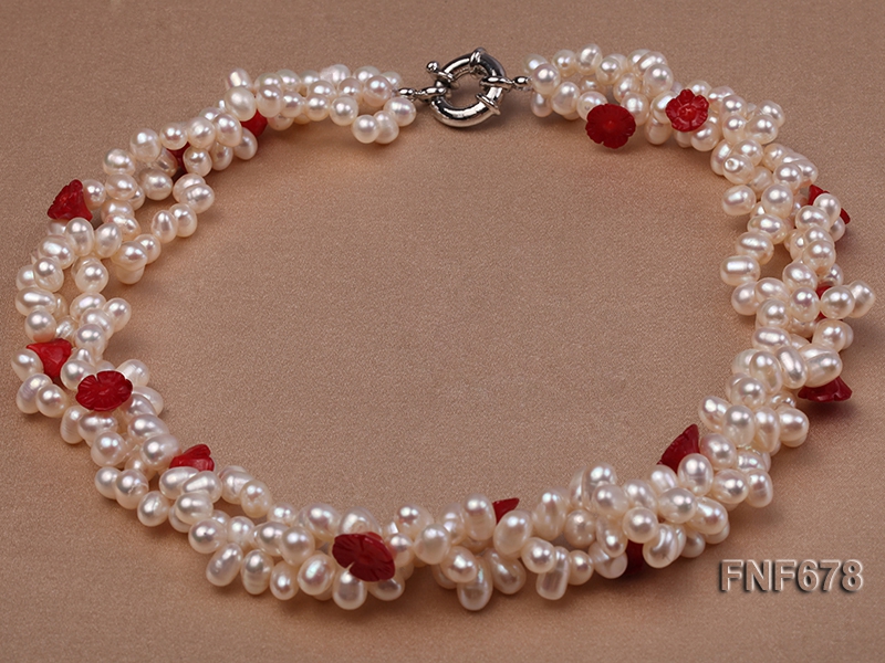 Three-strand 5×6.5mm White Freshwater Pearl Necklace Dotted with 9mm Cerise Coral Flower
