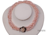 Three-strand 5×6.5mm Pink Freshwater Pearl Necklace with Flower-shaped Clasp. 17.5 Inches