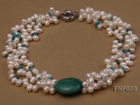 Three-strand 5.5x7mm White Freshwater Pearl Necklace Set With Turquoise. 15.5 Inches