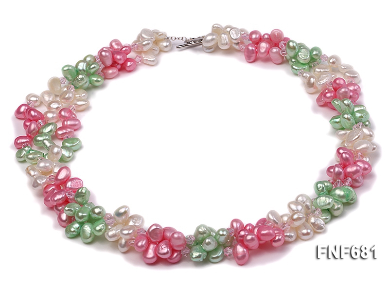 Three-strand 7x9mm Flat Cultured Freshwater Pearl and Faceted Pink Crystal Necklace