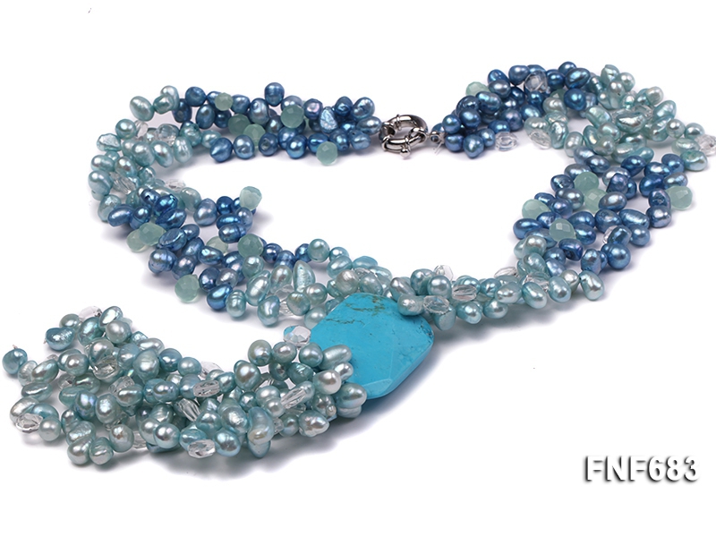 Multi-strand 7x11mm Blue and Dark-blue Freshwater Pearl Necklace with Aquamarines and a Turquoise