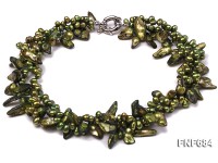 Three-strand 5x7mm Grass-green Freshwater Pearl and 8x14mm Tooth-shaped Pearl Necklace