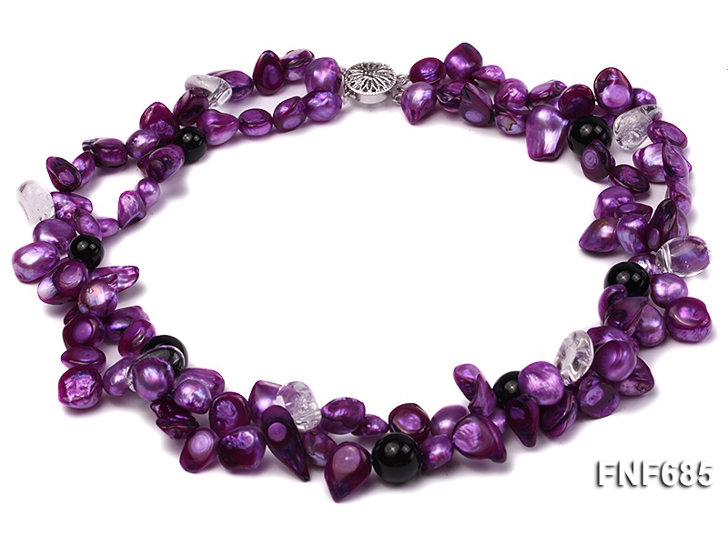 Two-strand Purple Freshwater Pearl, Black Agate Beads and Crystal Beads Necklace