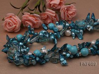 Three-strand Tooth-shaped Pearl, Turquoise Beads, Baroque Pearl and Blue Crystal Necklace