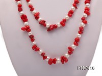 6-7mm white freshwater pearl and red coral opera necklace