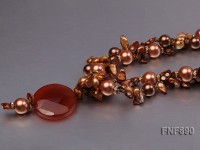 Two-strand Coffee Shell Beads and Tooth-shaped Pearls Necklace with an Agate Pendant