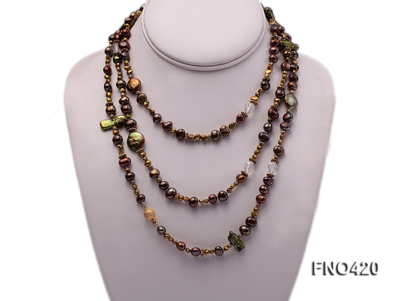 6-7mm and 3-4mmm coffee freshwater pearl and crystal opera necklace