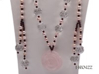 9-10mm lavender freshwater pearl,garnet and rose quartz opera necklace