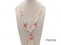 5-6mm white and coffee and pink freshwater pearl,bule stone and agate opera necklace