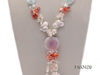 5-6mm white and coffee and pink freshwater pearl,bule stone and agate opera necklace