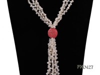 3 strand white freshwater pearl and pink coral necklace