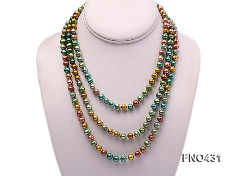 7x8mm green, champagne and coffee round freshwater pearl necklace