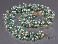 Three-strand 6x9mm Light Green, Light Blue, and White Cultured Freshwater Pearl Necklace.18inches