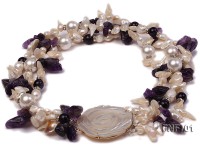 White Cultured Freshwater Pears, White Shell Beads and Round/Baroque Amethyst Necklace. 20 Inches
