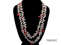 6x9mm white freshwater pearl and pink coral opera necklace