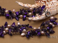 Three-strand 8x9mm Pink Freshwater Pearl, 6x15mm Purple Crystal and 9x18mm Purple Pearl Necklace