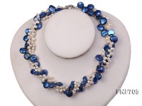 Three-strand 14mm Blue Flat Freshwater Pearl and 5x7mm White Freshwater Pearl Necklace