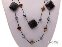 black freshwater pearl,seashell and agate opera necklace