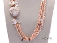 3 strand pink freshwater pearl,seashell,somky quartz and white turquoise necklace