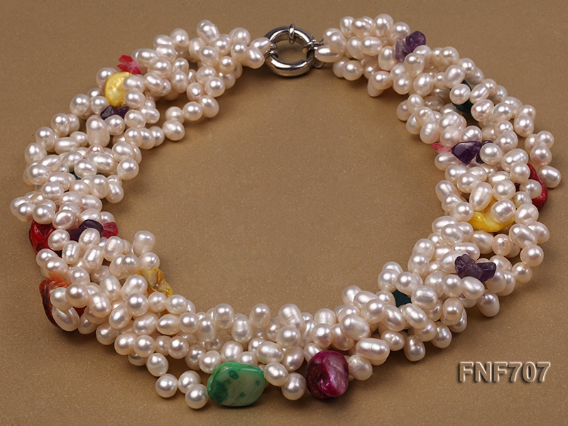 Multi-strand 6x7mm White Freshwater Pearl Necklace Dotted with Colorful Shell Beads
