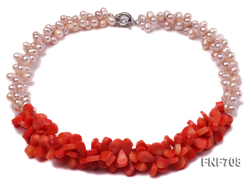 Two-strand 6x8mm Light-pink Freshwater Pearl and Red Melon-seed-shaped Coral Necklace