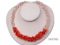 Two-strand 6x8mm Light-pink Freshwater Pearl and Red Melon-seed-shaped Coral Necklace