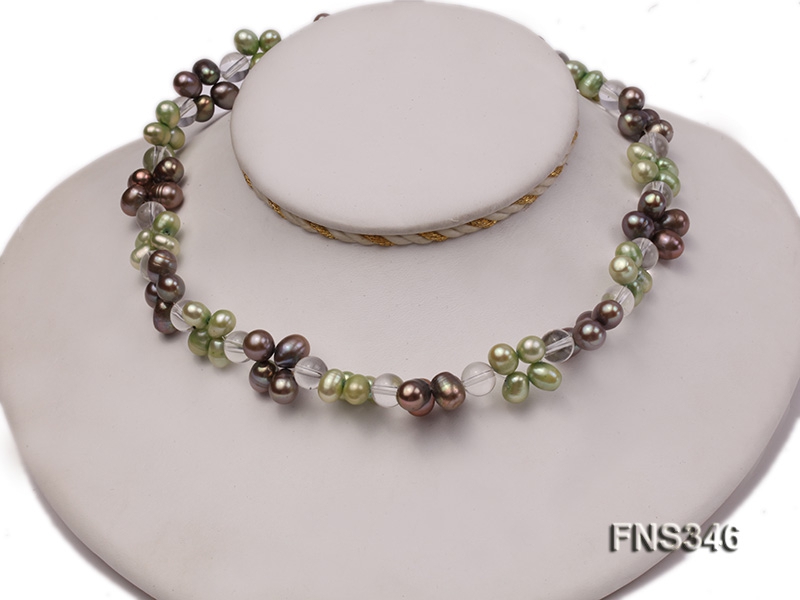 7*8mm light green and champagne freshwater pearl with natural white crystal necklace