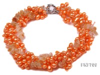 Three-strand 5x7mm Orange Cultured Freshwater Pearl and Citrine Pieces Necklace. 17inches