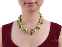 Two-strand 12-13mm Button Pearl, 6mm White Rice-shaped Pearl and Green Crystal Beads Necklace
