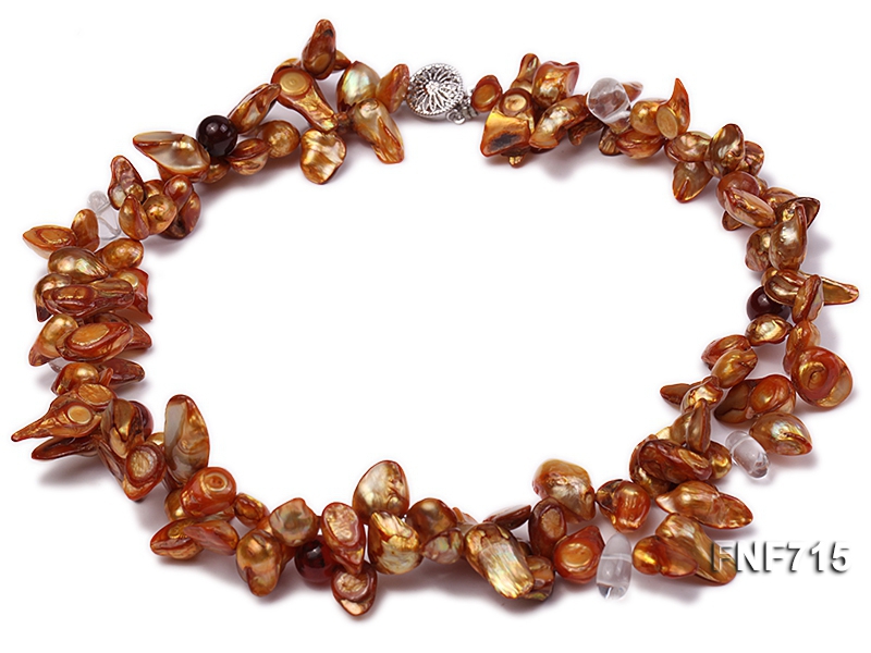 Two-strand 7x17mm Brown Tooth-shaped Cultured Freshwater Pearl and White Crystal Necklace