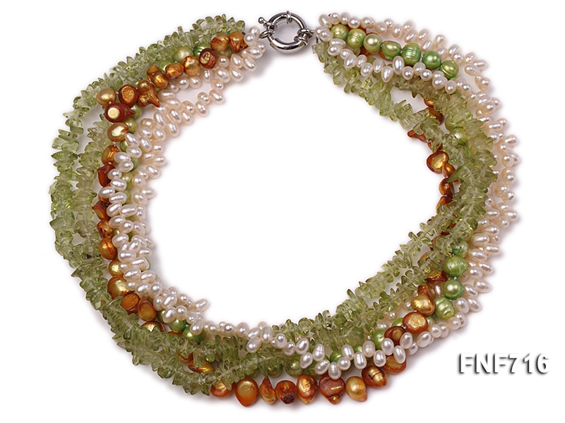 Multi-strand Cultured Freshwater Pearl and Green Crystal Pieces Necklace