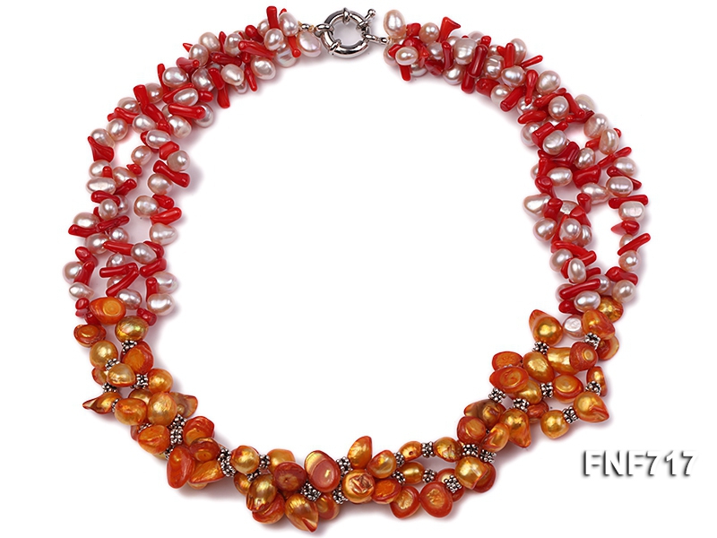 Three-strand 7x9mm Freshwater Pearl, 3x11mm Red Coral and 8x9mm Tooth-shaped Pearl Necklace
