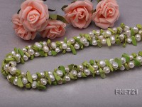 Three-strand 5-6mm White Freshwater Pearl and 6x11mm Grass-green Baroque Turquoise Chips Necklace